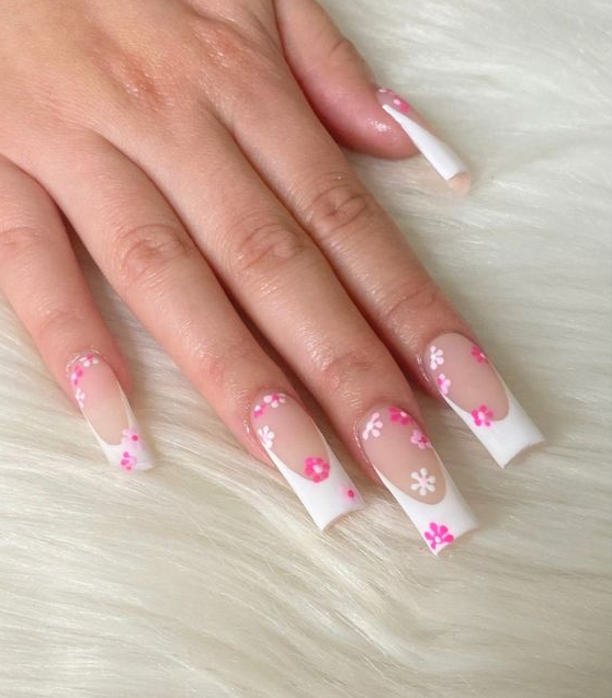 Summer Acrylic Nails   Summer French Tip Pink Flower Nail Inspo