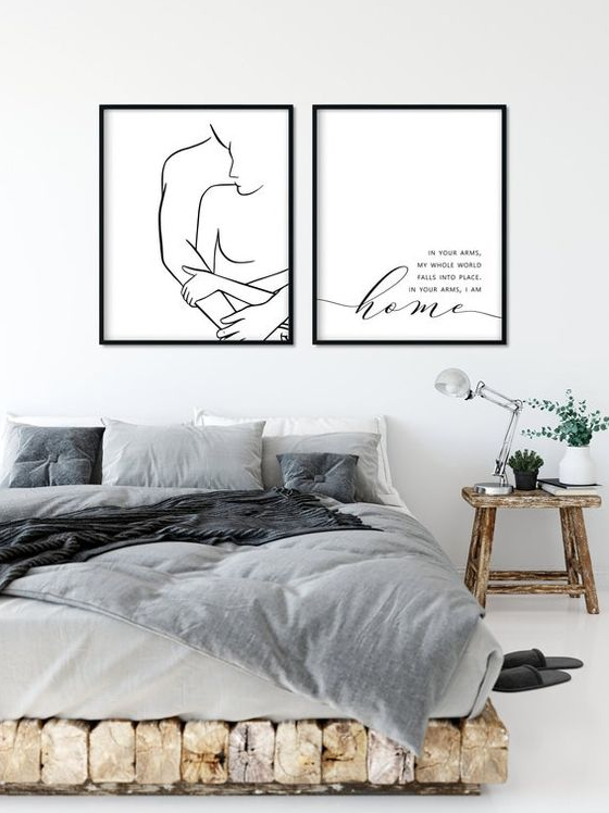 Bedroom Art Above Bed - Abstract Couple Line Art Printable Bedroom Wall Art Set