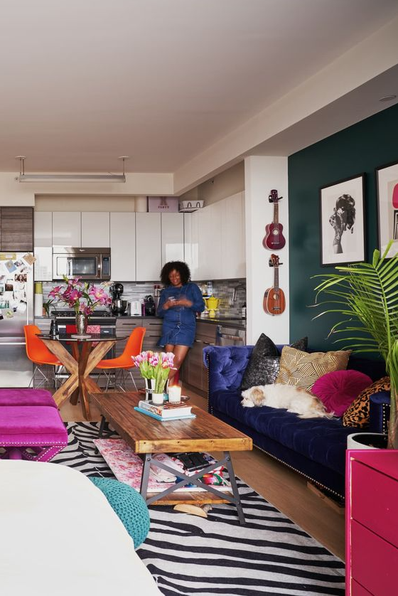 Living Room Apartment - A 400-Square-Foot Brooklyn Studio Fits a Ton of Color in a Small Space