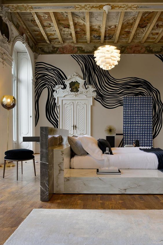 Modern Home Interior Design   Black Hand Painted Brushstrokes Lines Up Into An Organic Shape