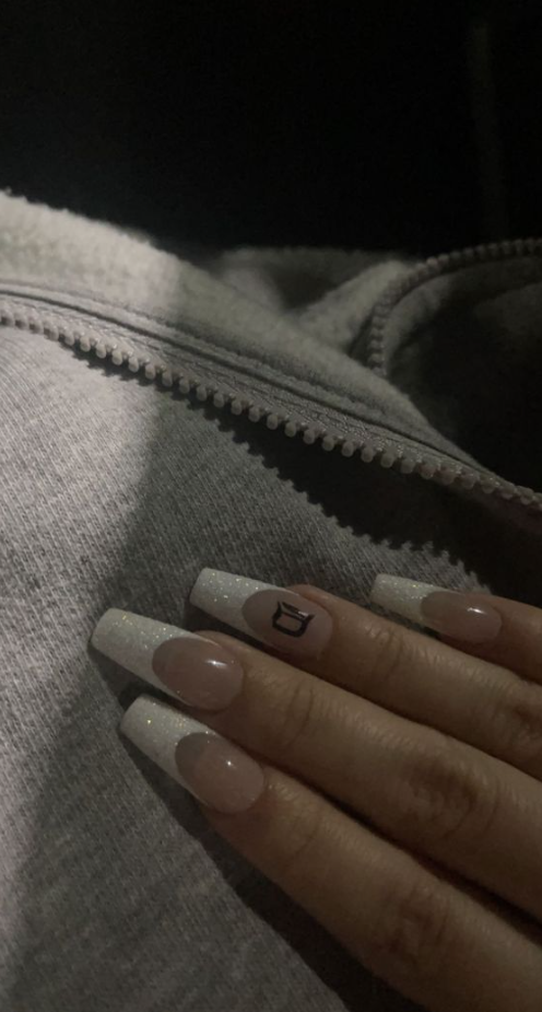 Nails With Initial   White Glitter French