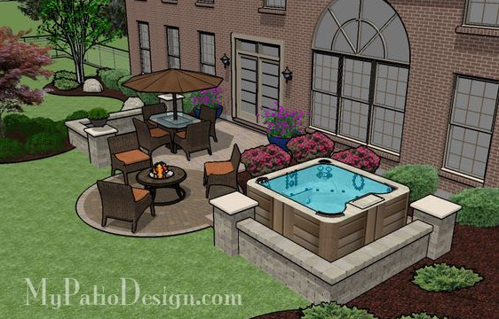 Patio With Hot Tub And Fire Pit   445 Sq. Ft.   Hot Tub Patio Design With Seat
