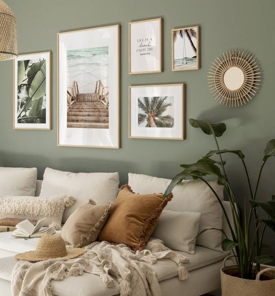 Bedroom Gallery Wall - Green and beige bohemic gallery wall with nature prints and photo art for bedroom