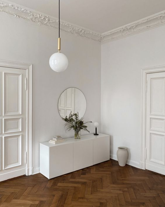 Living Room Background - White living room with vintage design details and Scandinavian lighting