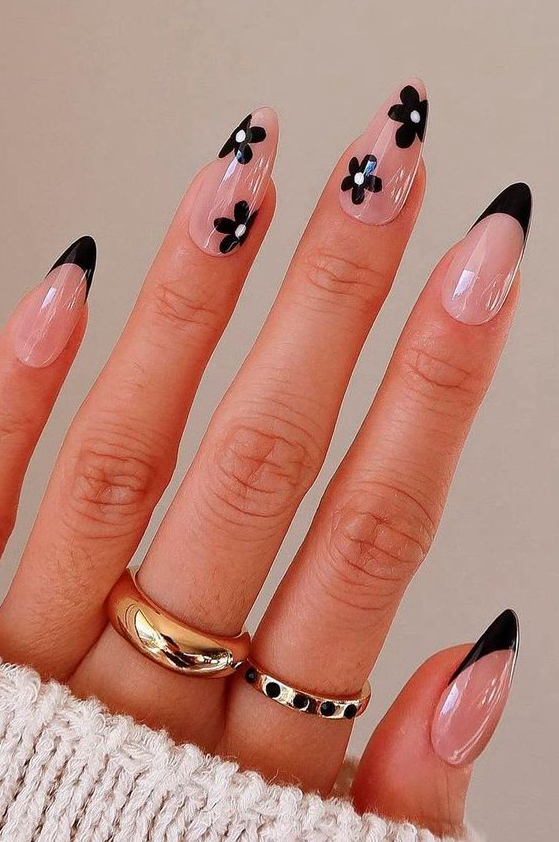 Nails Black Women - French Tip Fake Nails Black Flower Press on Nails Round Head Almond Shaped Press on Nails
