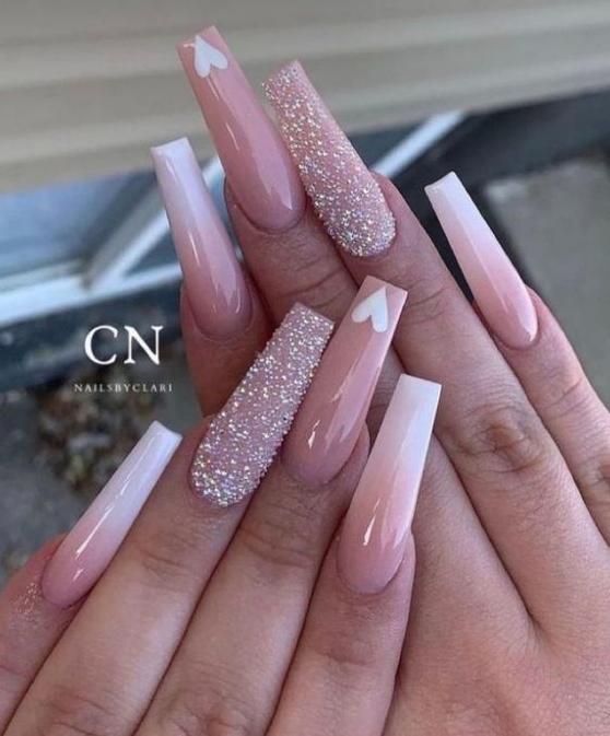 Nails Pink And White   Ombre  Pink Baby Pink Off White Heart Coffin Shape Glittery Sparkling Long