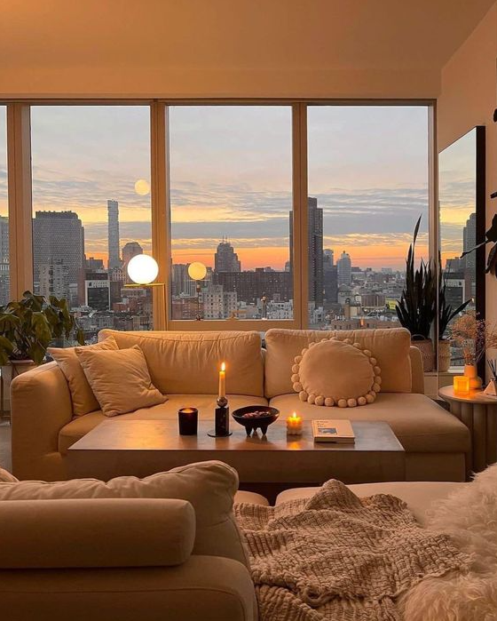 Warm Apartment Aesthetic - Living room with warm tones, big windows and beautiful view
