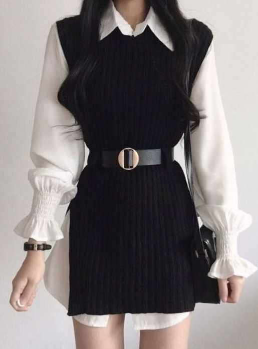 Aufits Fresas - Candy Sleeve Long Shirt Dress Slit Knit Long Vest
