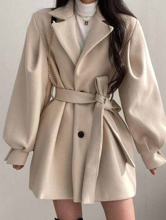 Aufits Fresas - Puff Sleeve Belted Woolen Coat