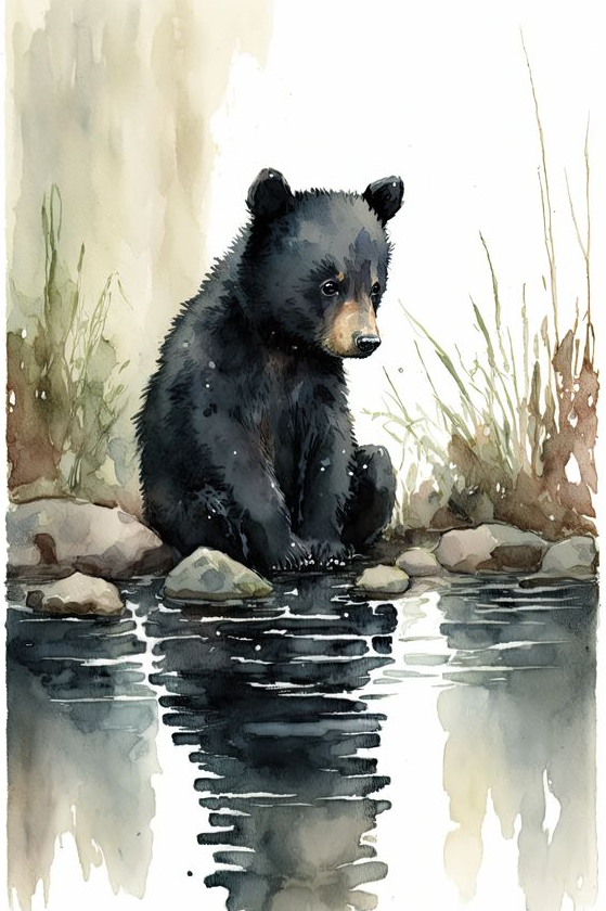 Black Gift - Black Bear Cub Water Color Painting Housewarming Gift