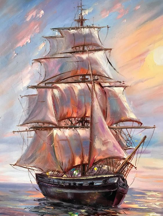 Black Gift - Ship at sunset painting Original nautical artwork Sailboat wall decor Nautical gift Blue pink painting Sailing at sunset Old ship art