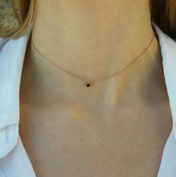 Black Gift - Tiny Floating CZ Necklace Single Diamond Choker Available in Sterling Silver White Gold or Rose Gold Filled