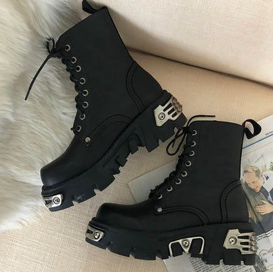 Black Gift - Women's Casual Shoes Punk Style Platform Ankle Boots Motorcycle Boot Black Chunky Shoes With Metal Deco