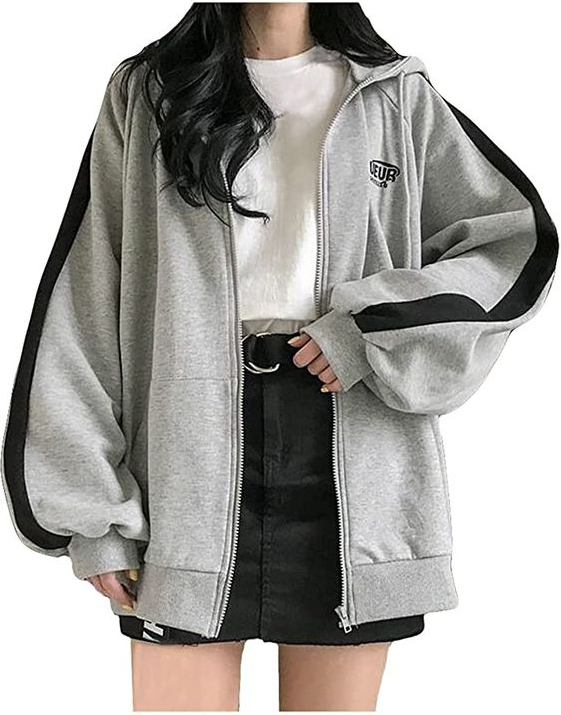 Black Gift - Womens Oversized Zip Up Hoodie Y2K Casual Long Sleeve Black Hooded Sweatshirt 90s Solid Zipper Jacket Cute Top for Teen Girls