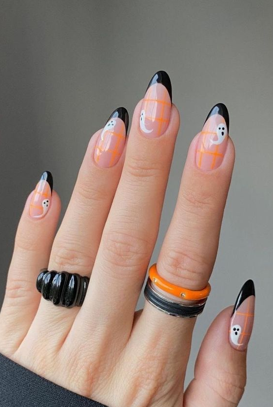 Halloween Nails - Halloween Nails Black Tip With Ghost Design Fake Nails Glue On Nails Press On Nails