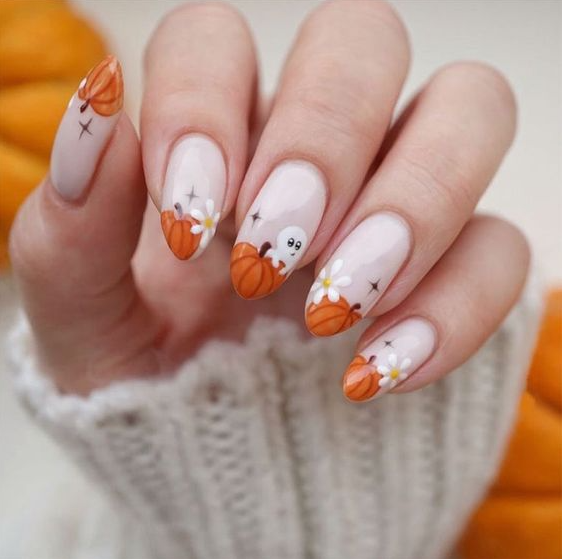 Halloween Nails   Pumpkin Flower French Short Almond Press On Nails