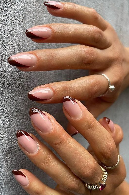 Brown French Tip Nail Ideas - Brown french tip nails classic diagonal line edited