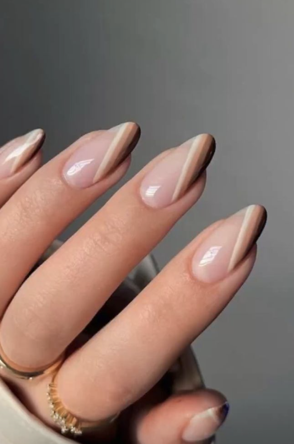 Brown French Tip Nail Ideas - Diagonal brown french tip nails