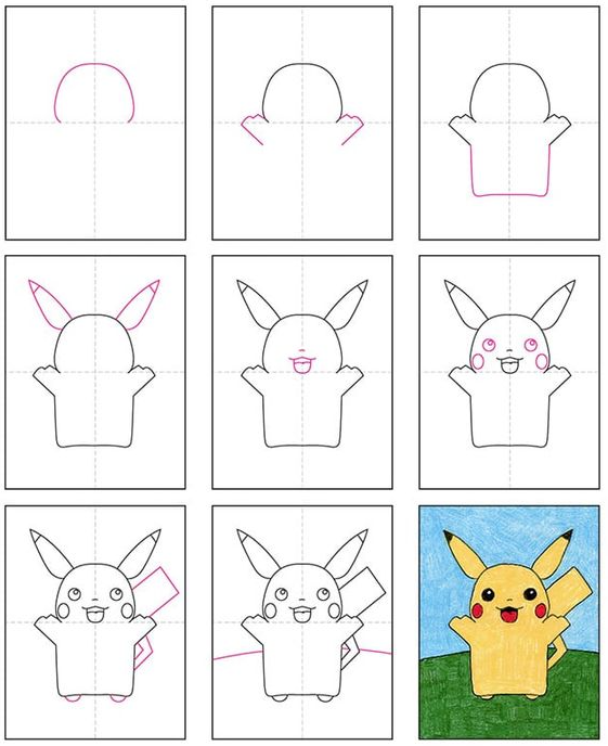 Drawing Step By Step - Easy How to Draw Pikachu Tutorial and Pikachu Coloring Page