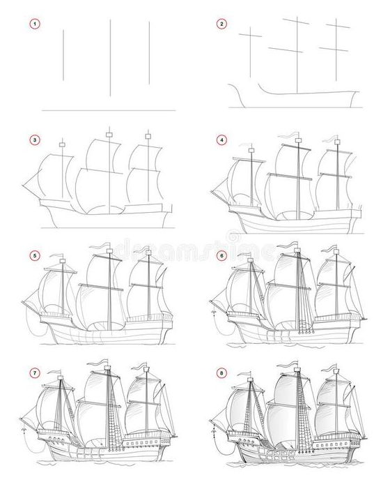 Drawing Step By Step - How To Draw Step by Step Sketch of Fantastic Medieval Sail Ship