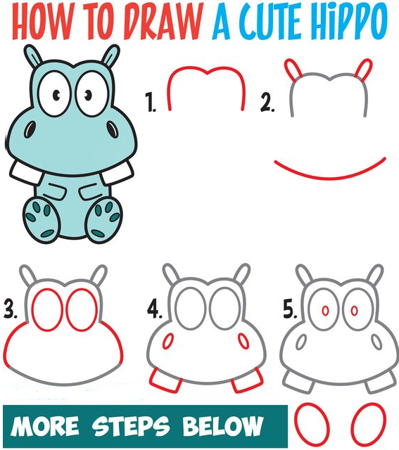Drawing Step By Step - How to Draw a Cute Cartoon Hippo Simple Steps Drawing Lesson for Beginners How to Draw Step by Step Drawing Tutorials