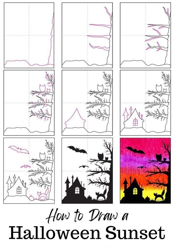 Drawing Step By Step - How to Draw a Halloween Sunset