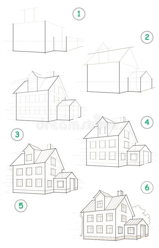Drawing Step By Step - Page Shows How To Learn Step by Step To Create Pencil Drawing of House