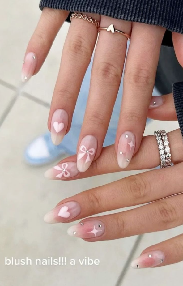 Nails with Bows - Almond blush baby pink acrylic nails