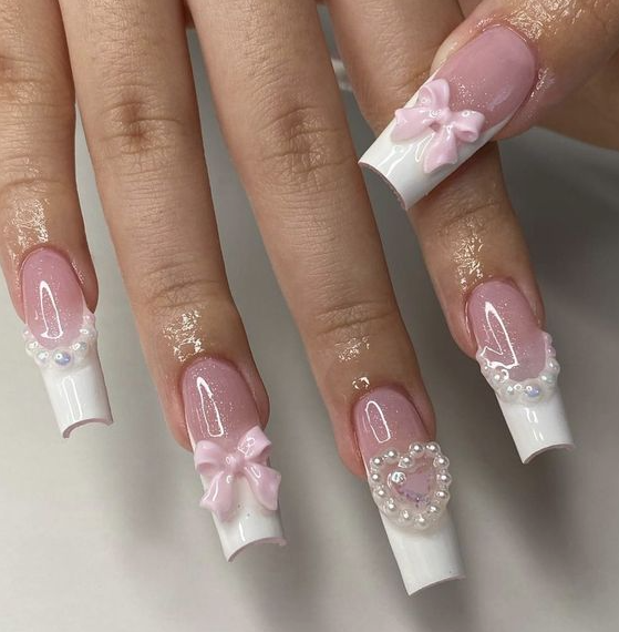 Nails with Bows - Cute pink pearl nails with bows