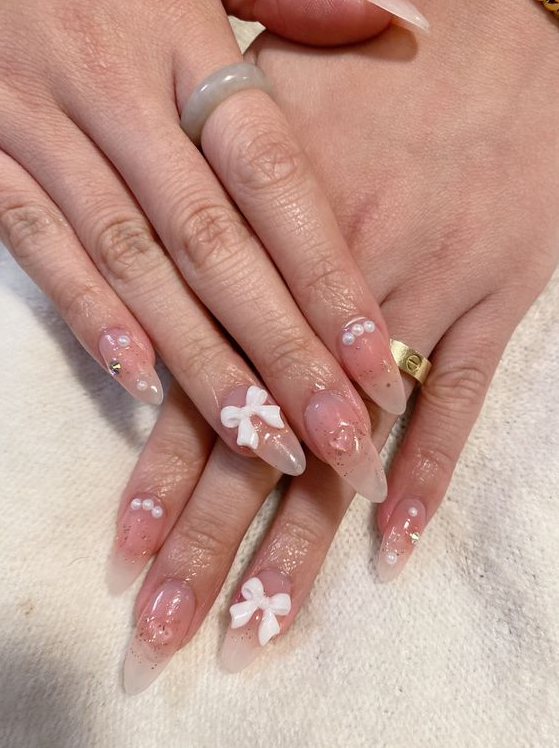 Nails with Bows - Korean blush inspired nails with pearls bow and clear heart charms