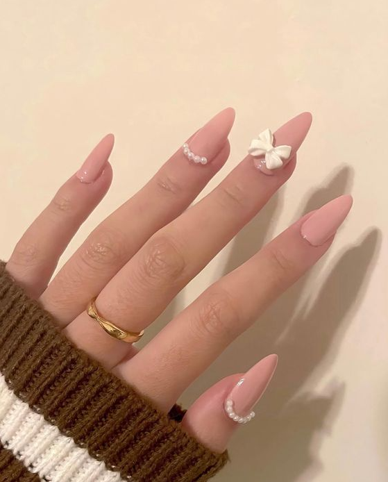 Nails with Bows - Pink and white pearl and ribbon nails
