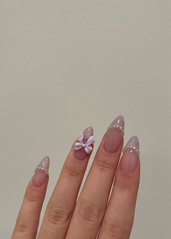Nails with Bows - Purple french tip pearl glitter gel x nail idea