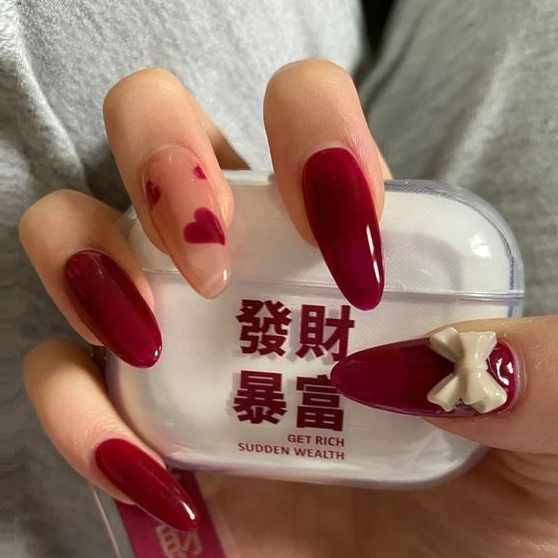 Nails with Bows - Red Heart Design Wearable Long Ballerina Fake Nail With Bow Almond Line Full Cover Nail