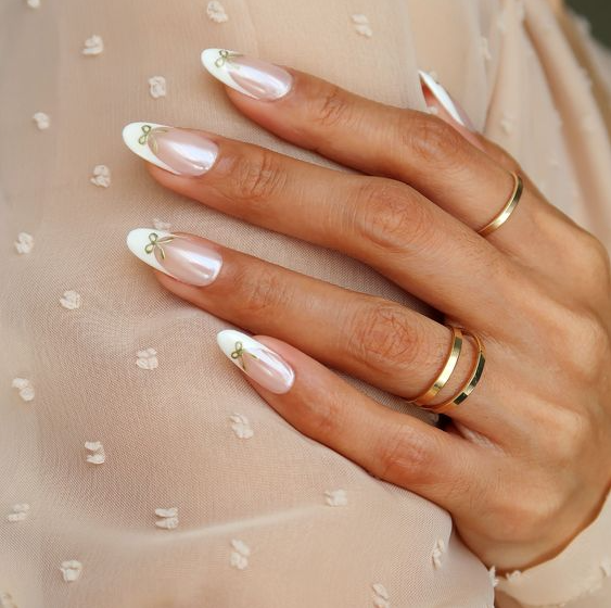 Nails with Bows - Wedding-Ready Chrome French Tip Nails With Bows