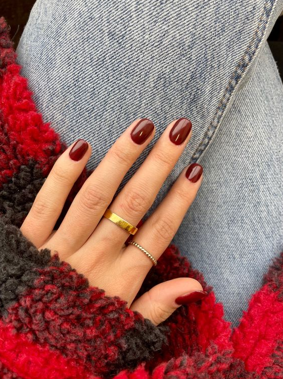 Red Fall Nails - Deep red maroon fall nail color on short nails