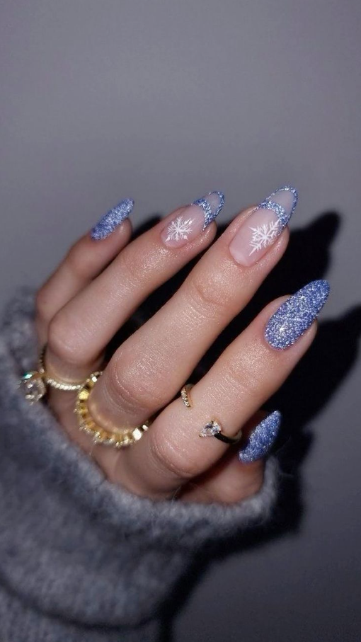 Almond Winter Nails   Almond Blue Sparkle Winter Nails Snow Queen Nails