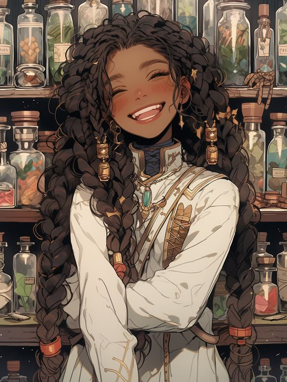 Anime Black People   Black Girl Smiling With Black Hair Wearing Multiple Braids, Apothecary Background