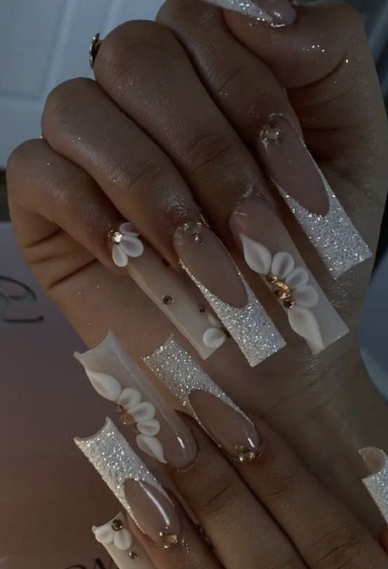 Classy Baddie Nails   White French Tip Flower Nails With Gold And White