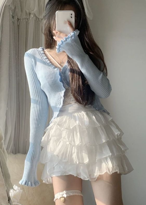 Coquette Outfit   Soft Softcore Aesthetic Pastel Blue And White Outfit Inspo Korean Fashion Style Clothes Streetwear Jfashion Coquette Dollette Blue Long Sleeved Cardigan White Layered Skirt
