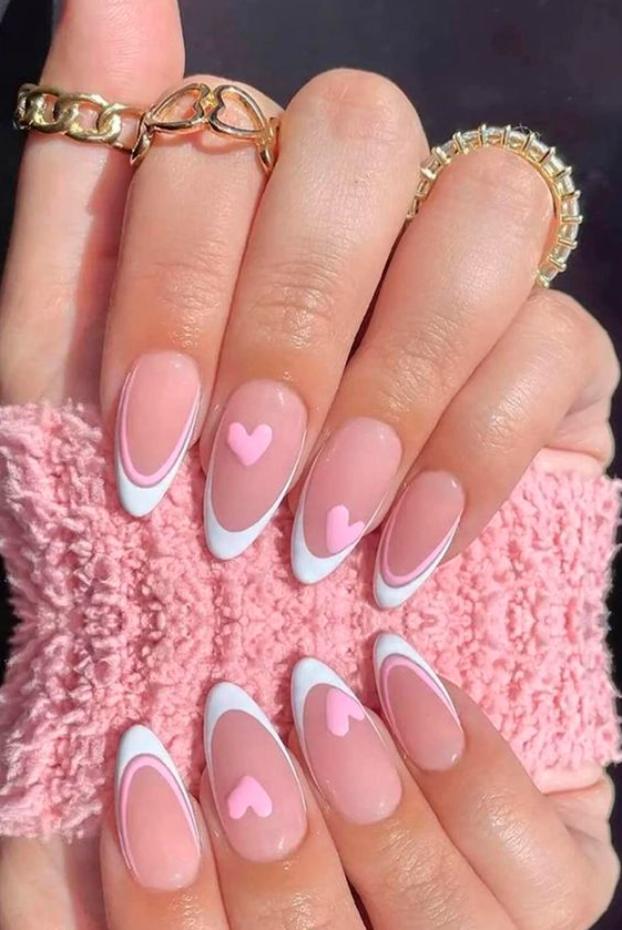 Cute Art Styles   Valentine's Day Press On Nails Long Fake Nails Acrylic French Pink Heart Almond Pink Line White Edge