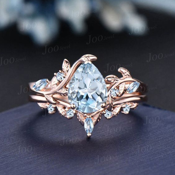 Fairytale Engagement Rings   Pear Shaped Natural Aquamarine Engagement Ring Set Rose Gold Leaf Branch Nature Inspired Aquamarine Wedding Ring Set For Women Jewelry
