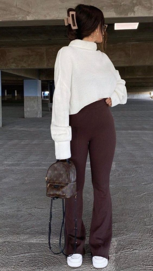 Flare Leggings Outfit Winter   Fall Outfit Ideas Brown Pants