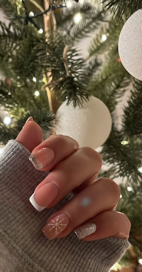Holiday Nail Ideas   Beautiful Festive Nails To The Season Snowflake Glitter & White Tips
