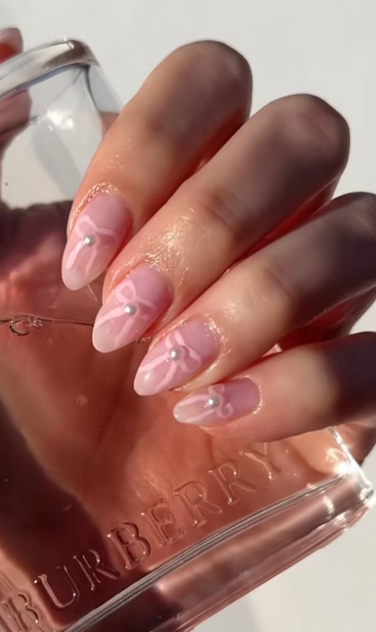 Nail Shapes For Chubby Fingers   Pink Nails With Ribbons And Pearls