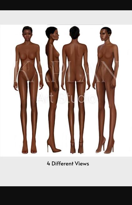 Female Fashion Croquis 9 Head Model Colored Figures Realistic Fashion Illustration Dark Skin Female Figures, Procreate Templates
