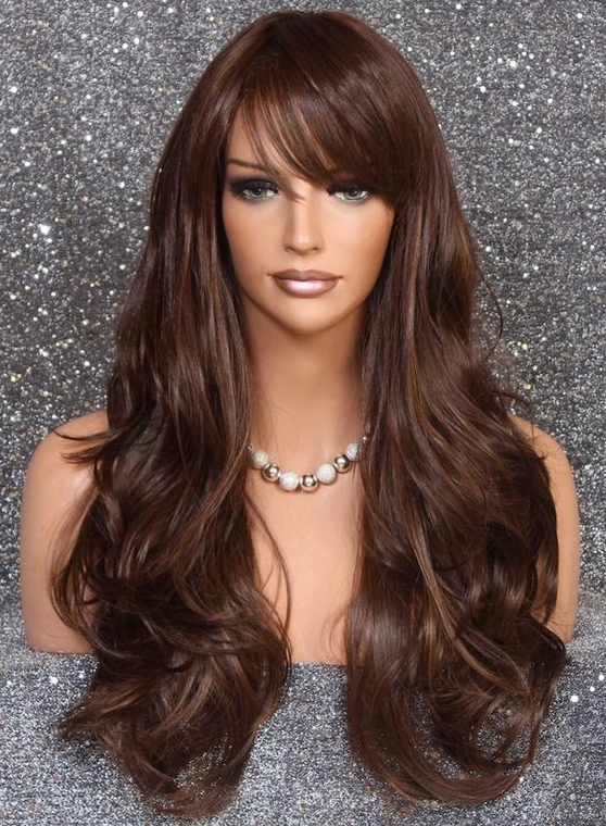 Hairstyles For Long Hair   Stunning Human Hair Blend Wig Brown Auburn Caramel Mix Long Layered Wavy Full Wig Heat