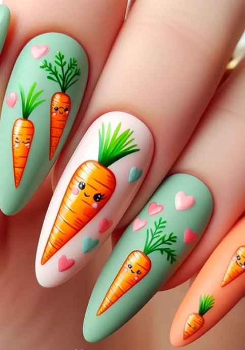 Cartoon Style Carrots On Green Nails