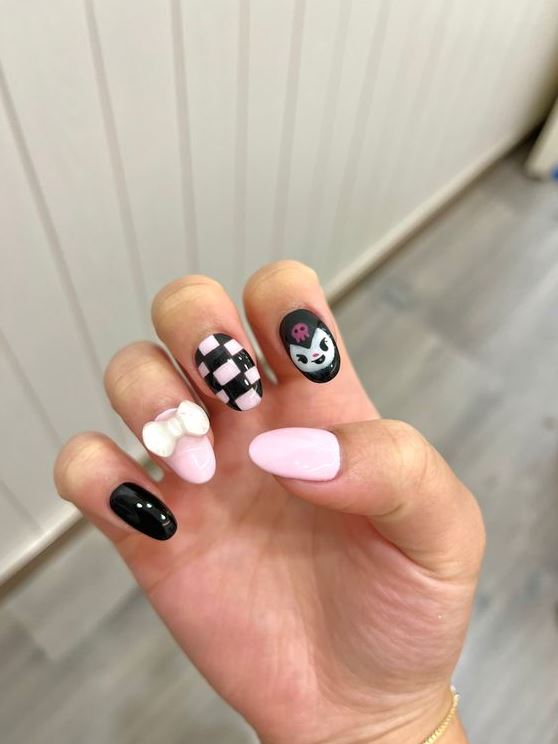 Kuromi Nails   Hello Kitty Nails Art Pink Black Nails Kawaii Nails Hello Kitty Nails Nail Art Pretty Nails