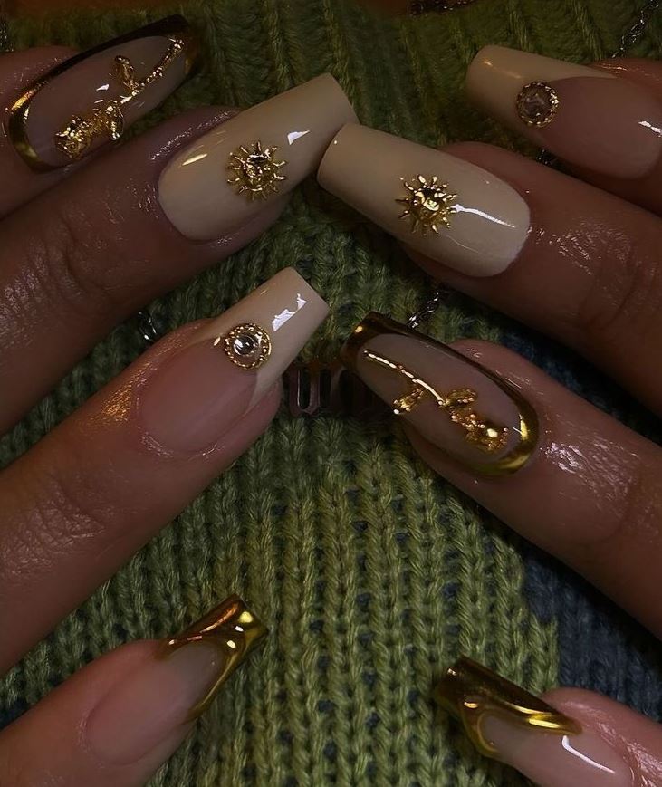 Coffin Nails   Chic Summer Hottest Coffin Nail Styles Gold Nails Gold Acrylic Nails Gold Nail Designs White Nails With Gold Long Acrylic Nails Gold Chrome Nails