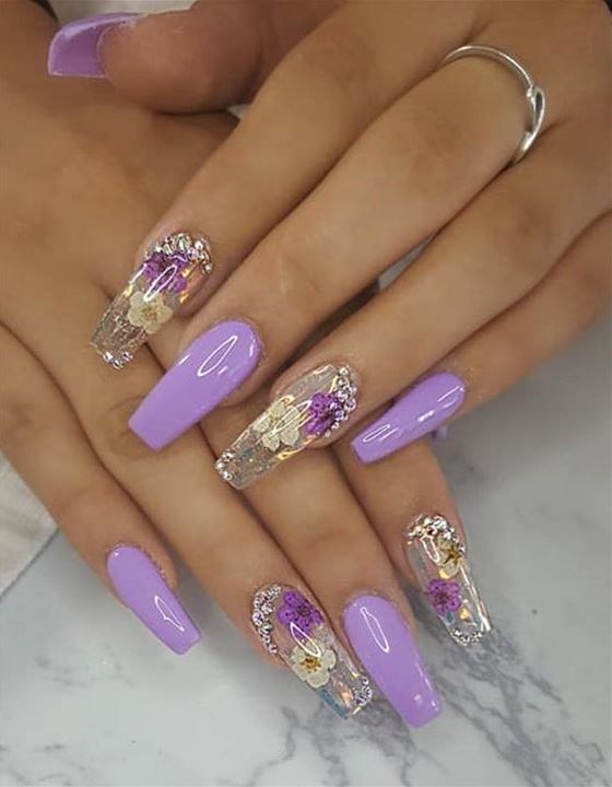 Coffin Nails Designs   Flowers And Embellishments Nail Art Purple Acrylic Nails Nail Art Coffin Nails Designs Nails Purple Nails Bling Nails